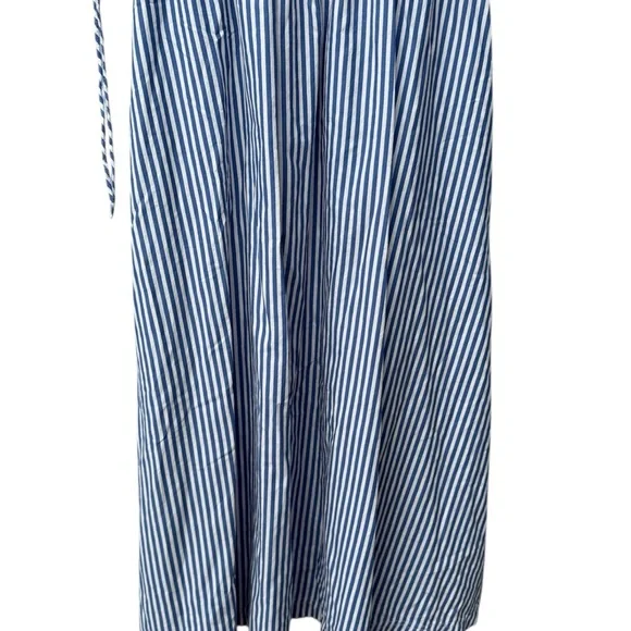 LOFT Midi Dress Large Striped Tie Puff Sleeve Blue Tan White Minimalist Cottage - Picture 2 of 6